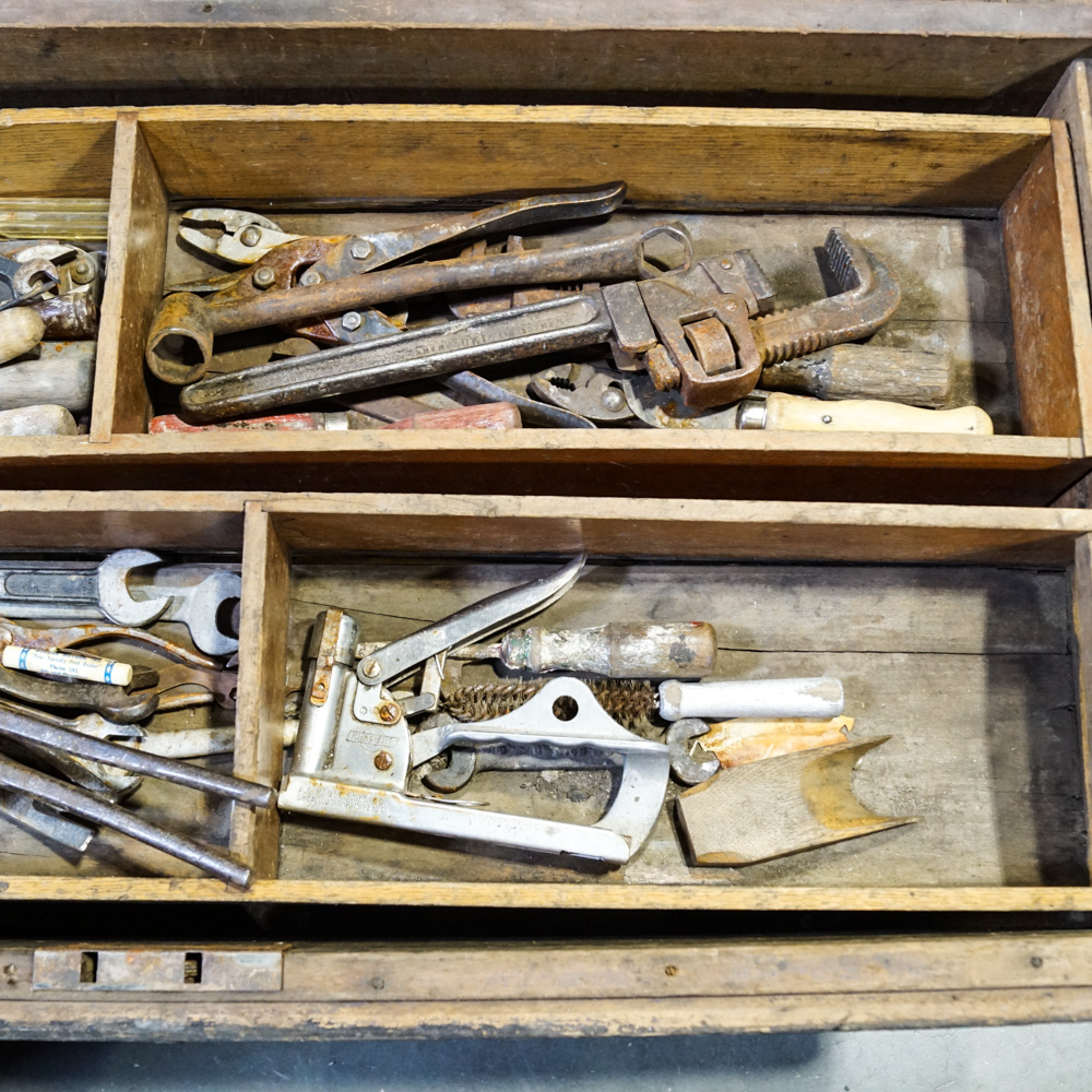 Vintage Wooden Tool Chest with Removable Tray Inserts and Tools