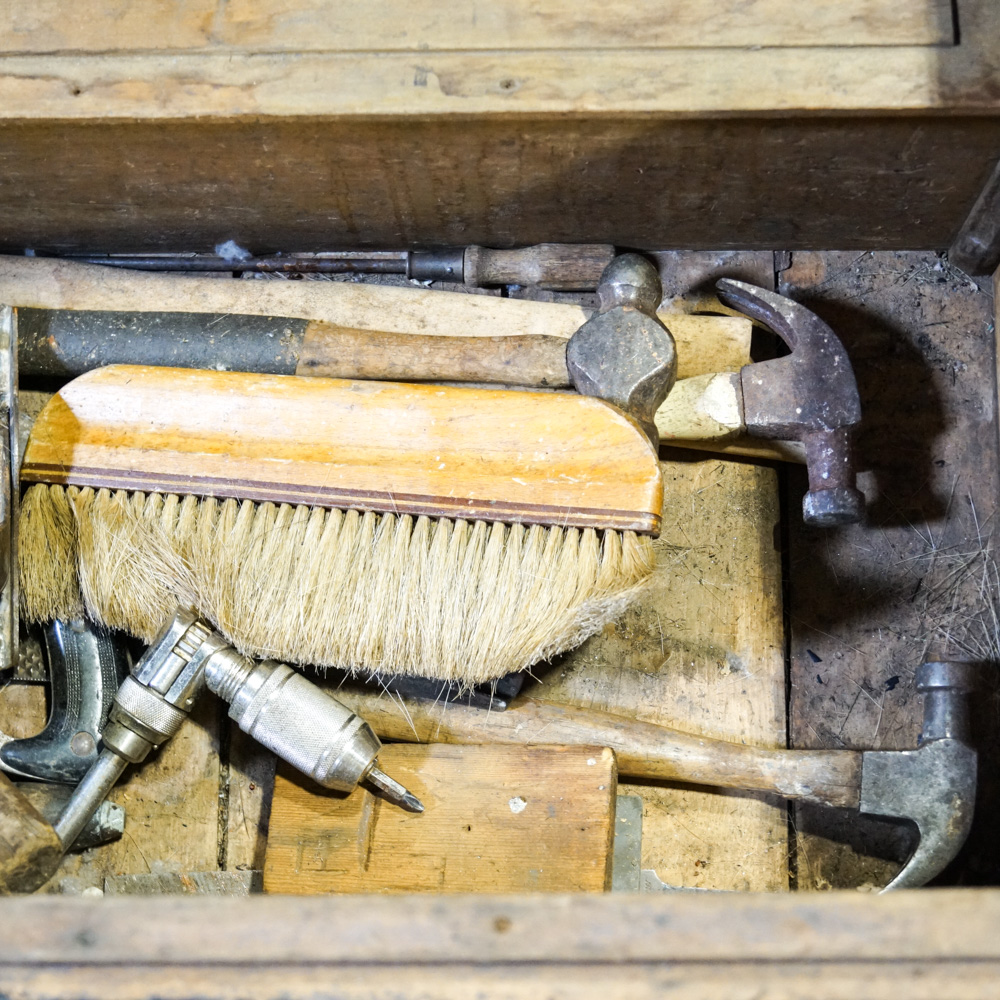 Vintage Wooden Tool Chest with Removable Tray Inserts and Tools