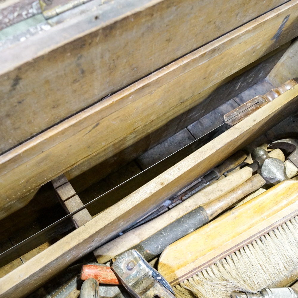 Vintage Wooden Tool Chest with Removable Tray Inserts and Tools