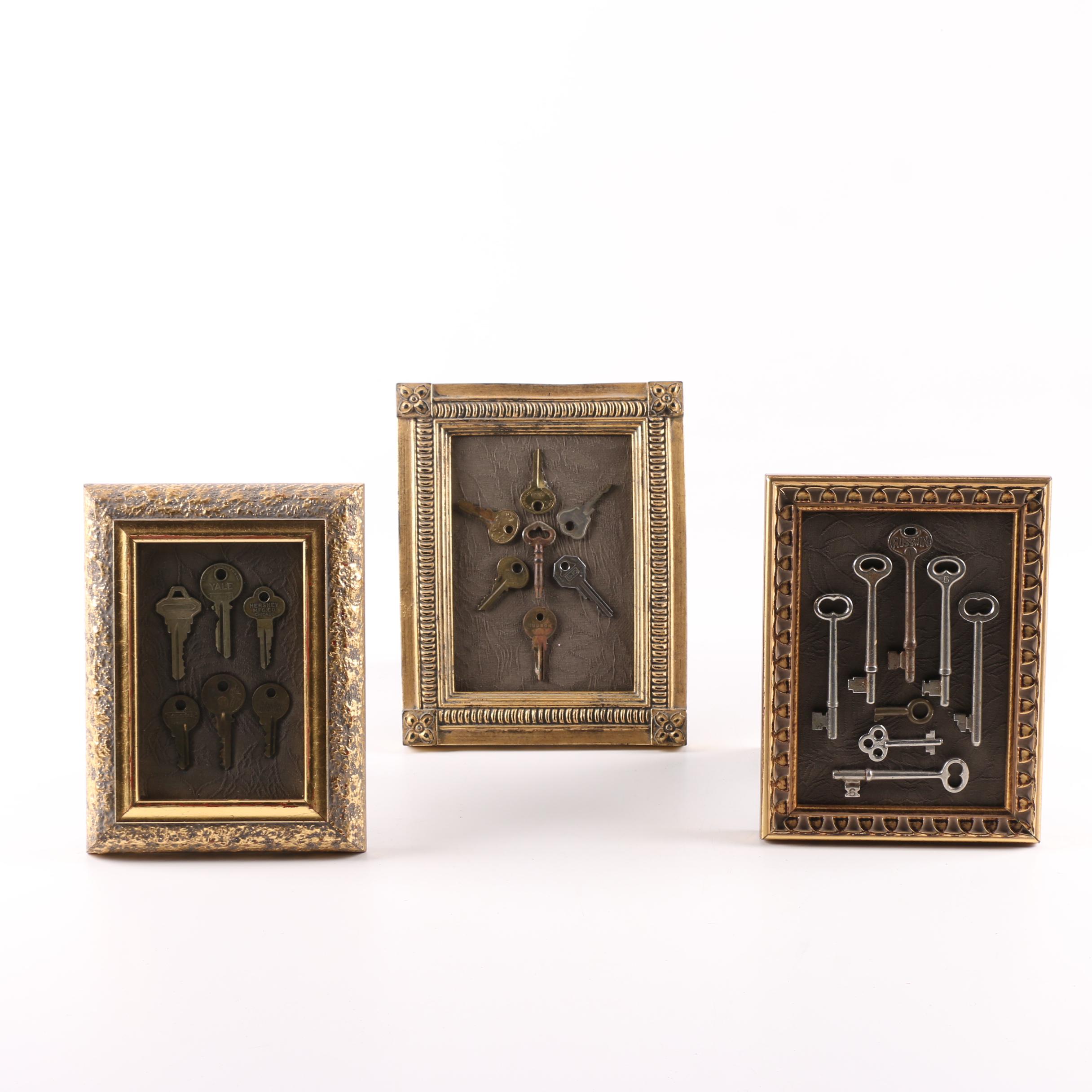Vintage Keys in Gold Tone Wooden Frames