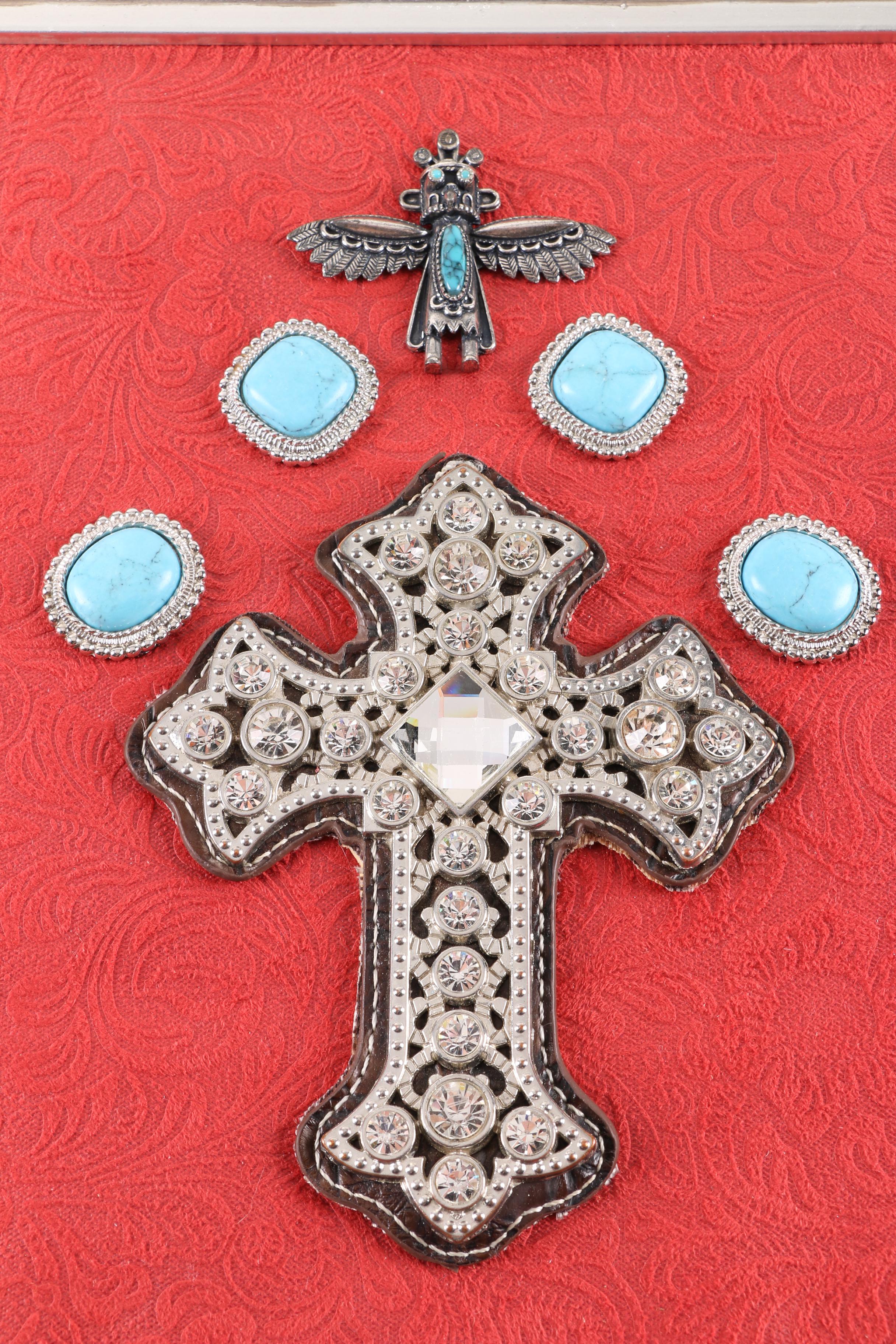 Rhinestone Cross with Faux Turquoise Accents in Frame