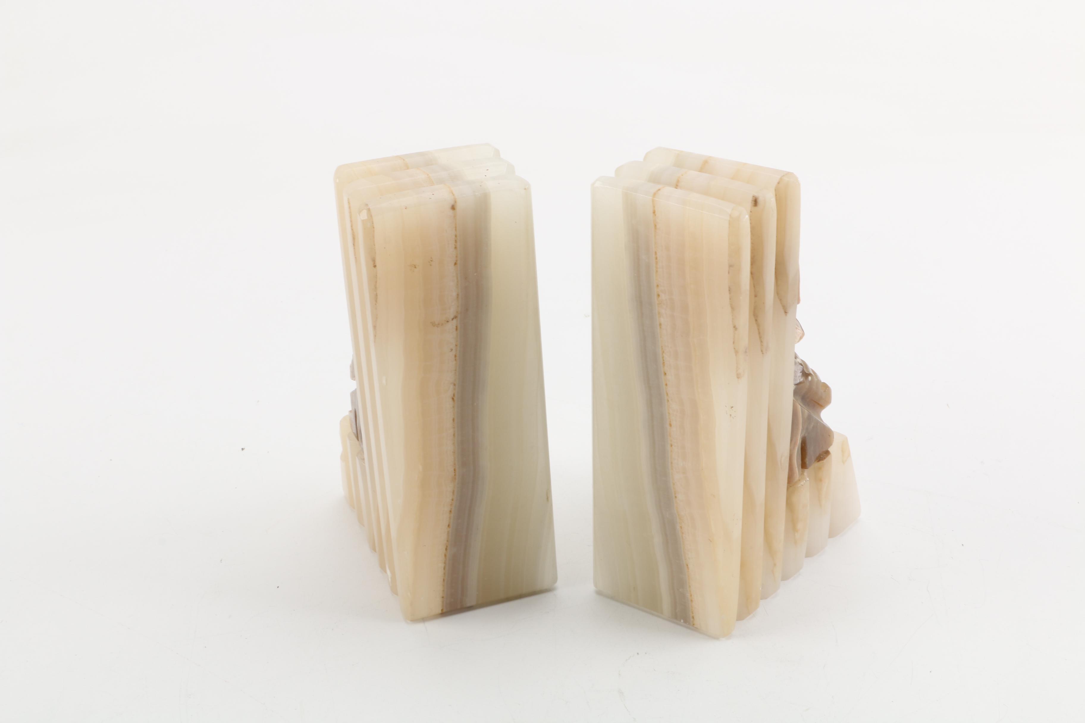 Calcite Bookends with Carved Features and More
