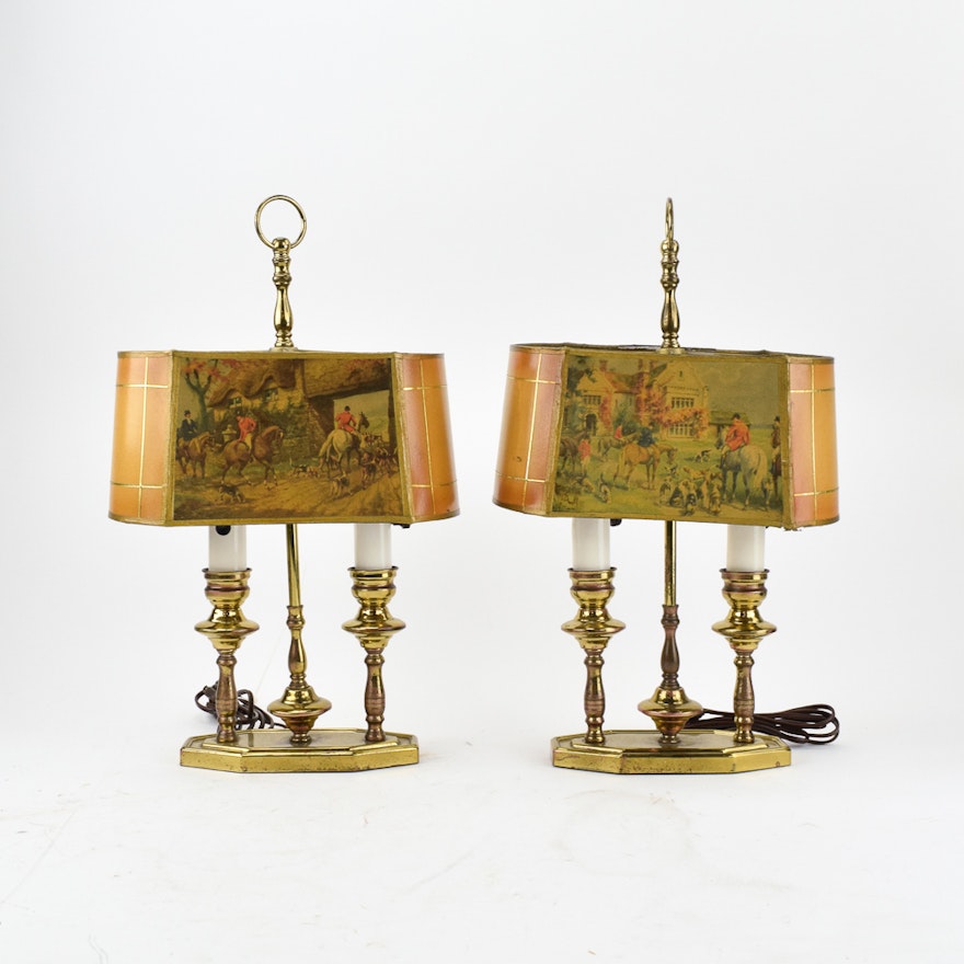 Vintage Brass Table Lamps with Hunting Scenes on Shades