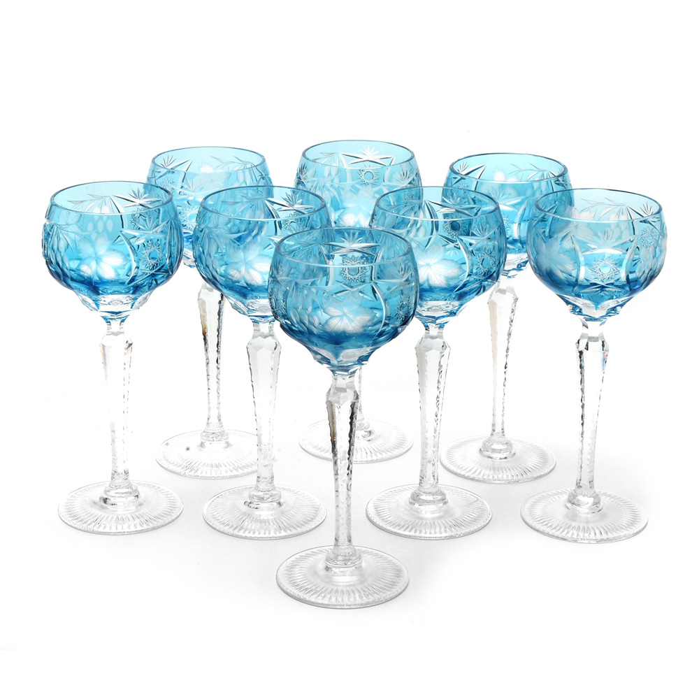 Nachtmann "Traube" Blue Cut To Clear Tall Hock Wine Glasses