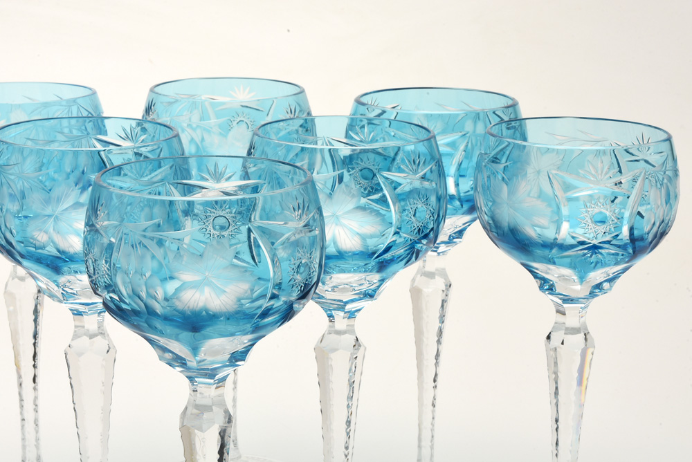Nachtmann "Traube" Blue Cut To Clear Tall Hock Wine Glasses