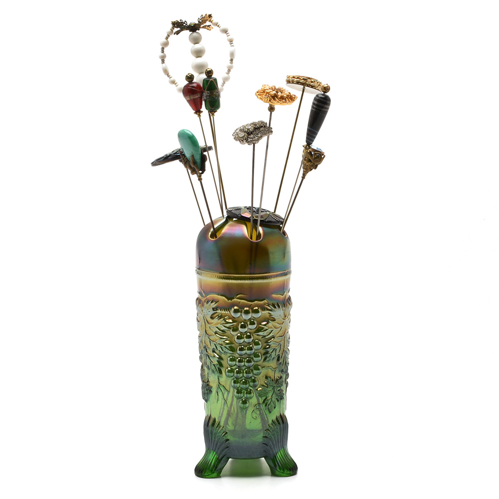Vintage Northwood Carnival Glass "Grape and Cable" Hatpin Holder and Pins