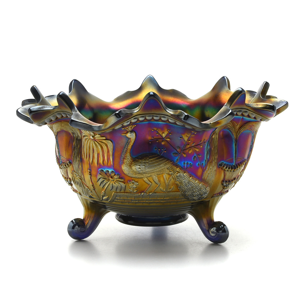 Vintage Northwood Carnival Glass  "Peacock at the Fountain" Footed Orange Bowl
