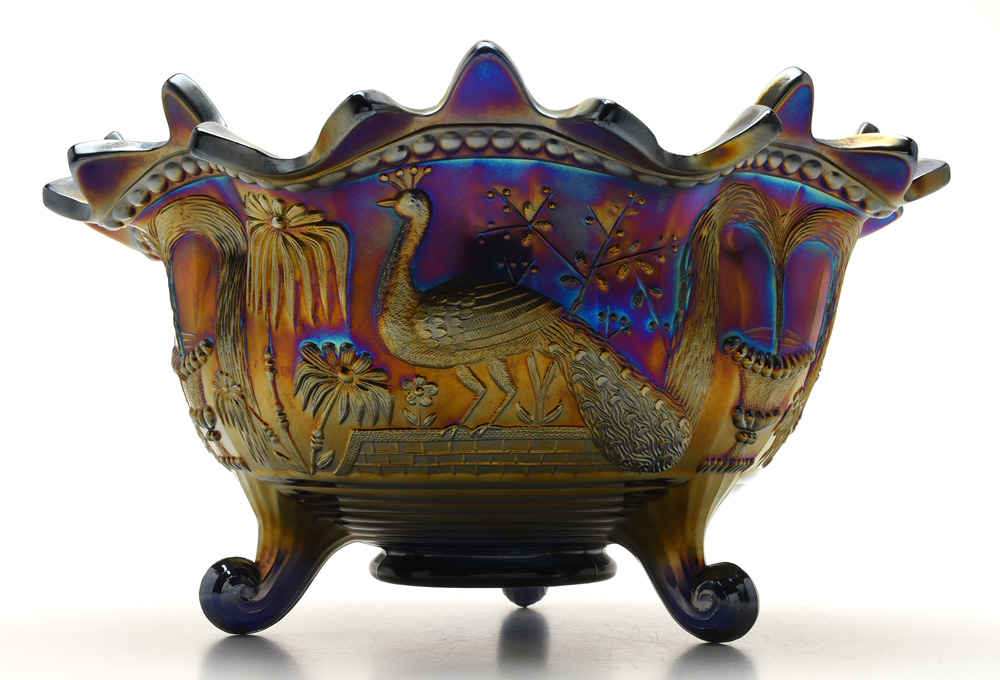 Vintage Northwood Carnival Glass  "Peacock at the Fountain" Footed Orange Bowl