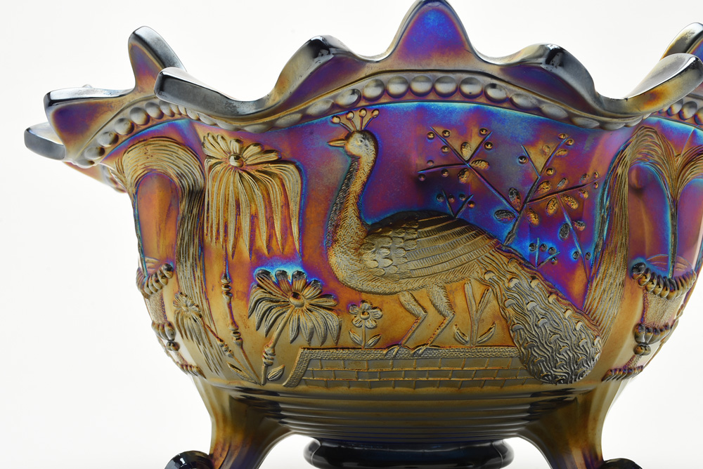 Vintage Northwood Carnival Glass  "Peacock at the Fountain" Footed Orange Bowl