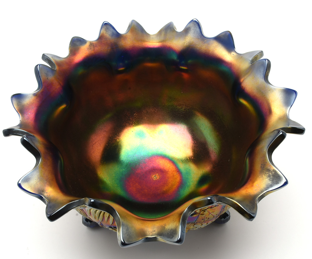 Vintage Northwood Carnival Glass  "Peacock at the Fountain" Footed Orange Bowl