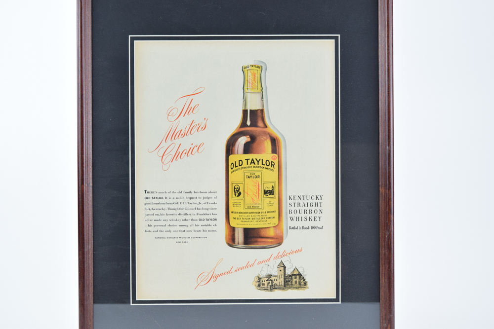 Vintage Old Taylor Bourbon Advertisement in Wooden Frame