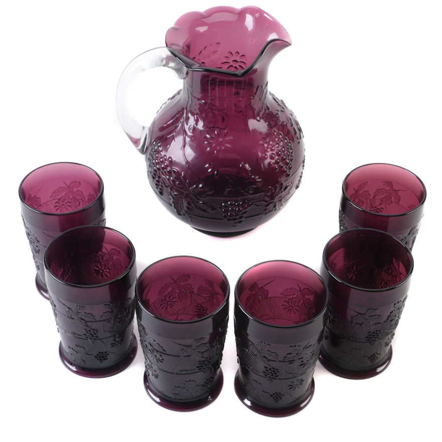 Grape Motif Purple Glass Pitcher and Moser Tumblers