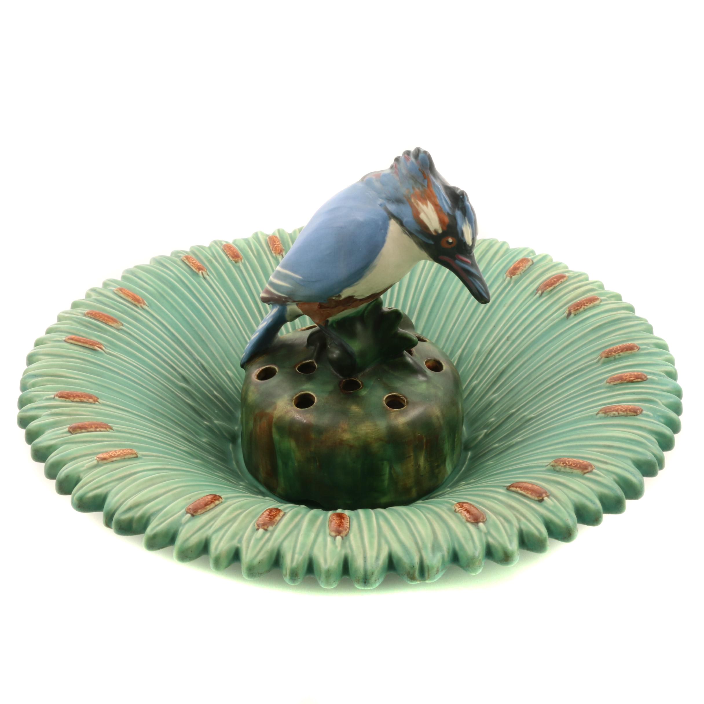 Rare Weller Pottery "Kingfisher" Flower Frog with "Ardsley" Console Bowl