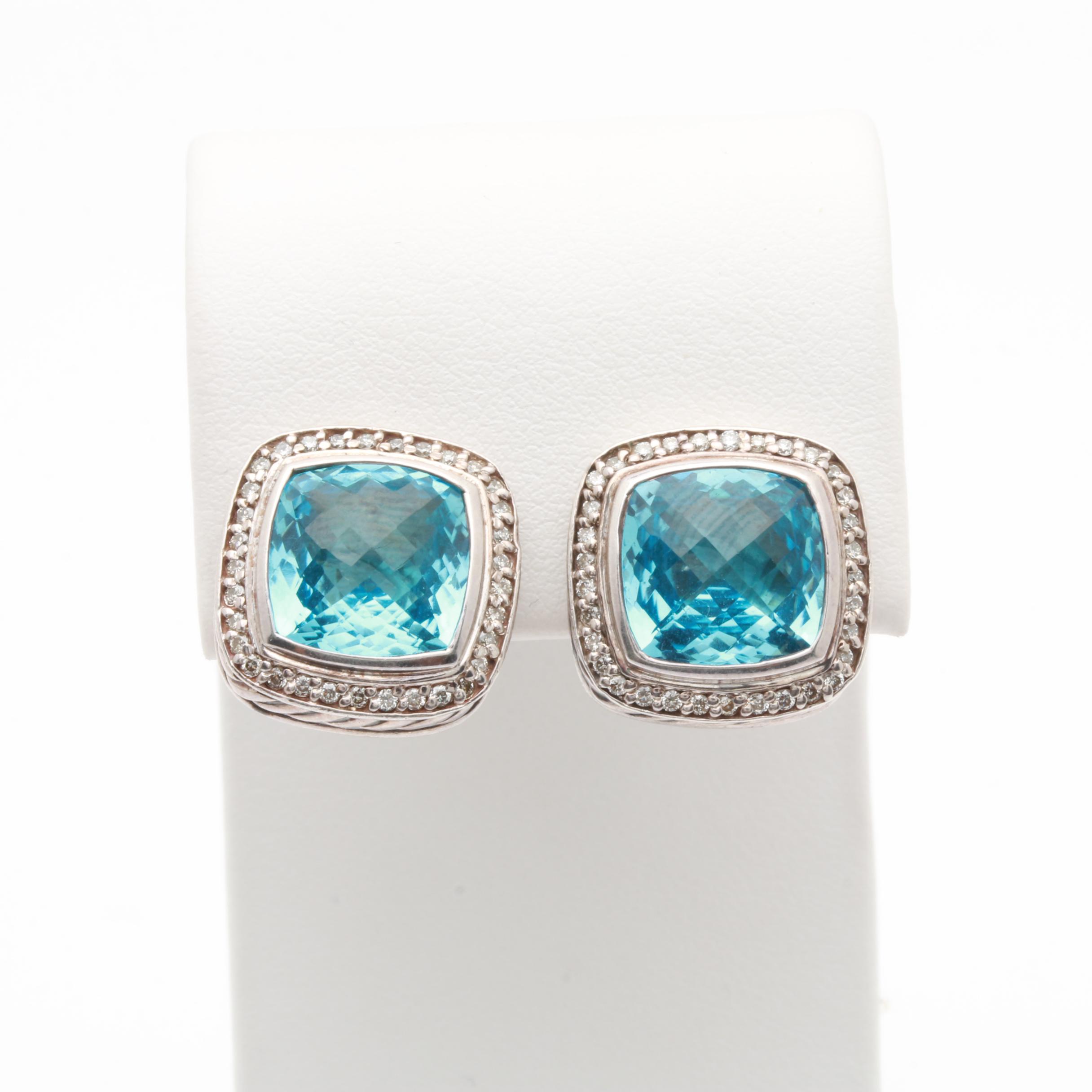 David Yurman Sterling Silver Blue Topaz and Diamond Stud Earrings