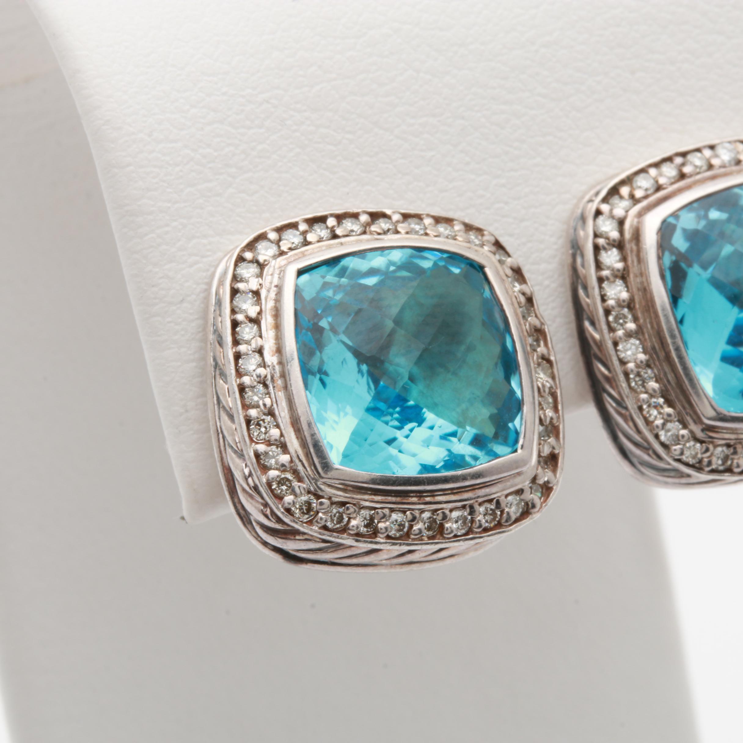 David Yurman Sterling Silver Blue Topaz and Diamond Stud Earrings