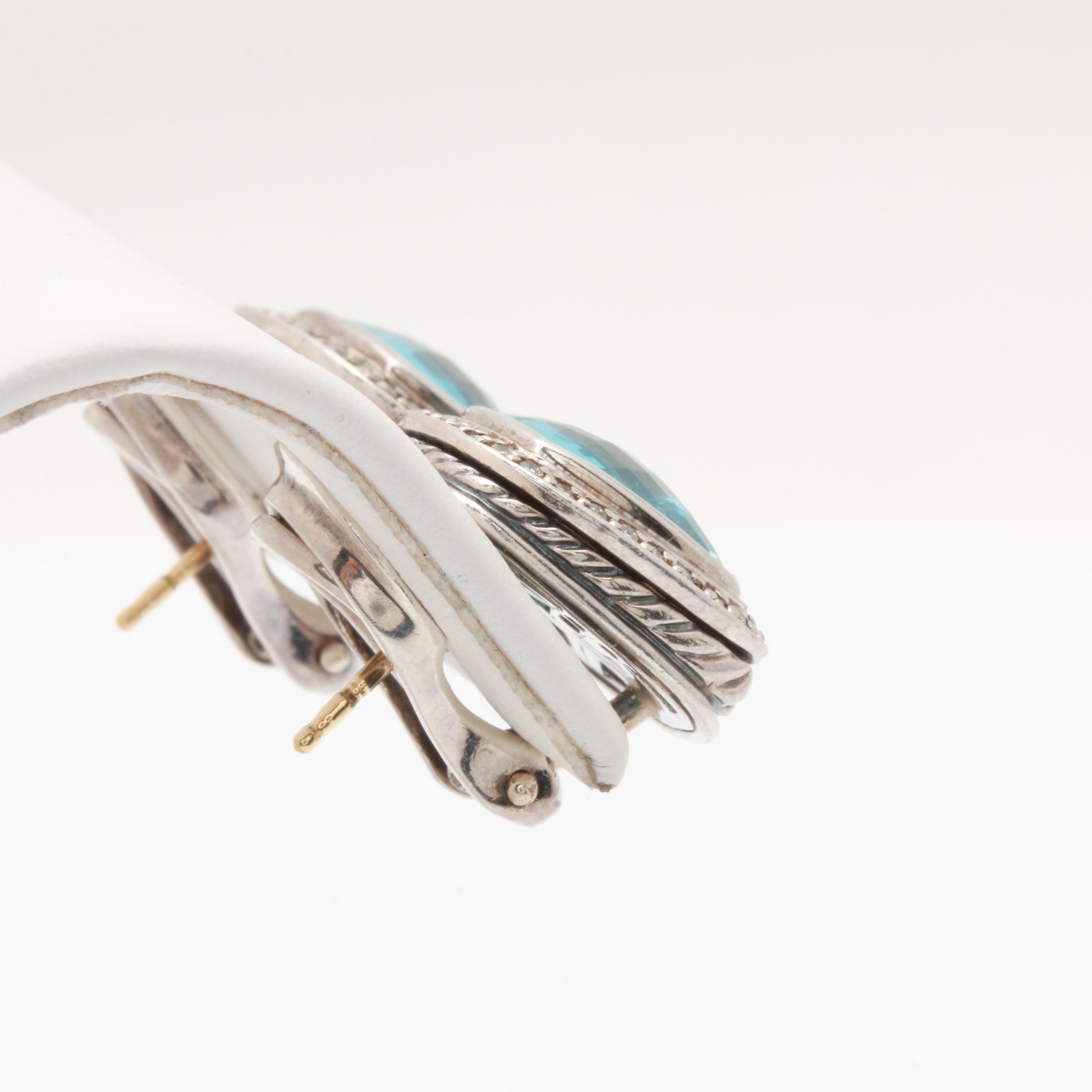 David Yurman Sterling Silver Blue Topaz and Diamond Stud Earrings