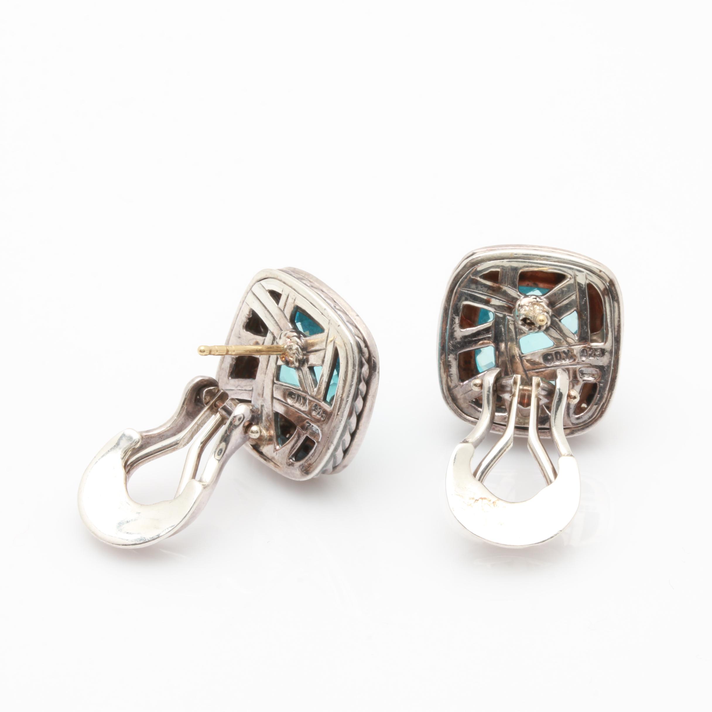 David Yurman Sterling Silver Blue Topaz and Diamond Stud Earrings