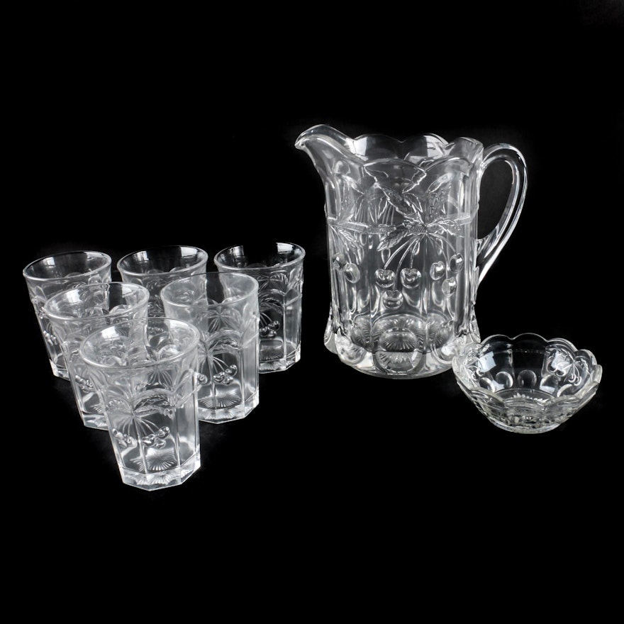 Vintage Northwood "Cherry and Cable" Glass Pitcher, Tumblers, and Dish