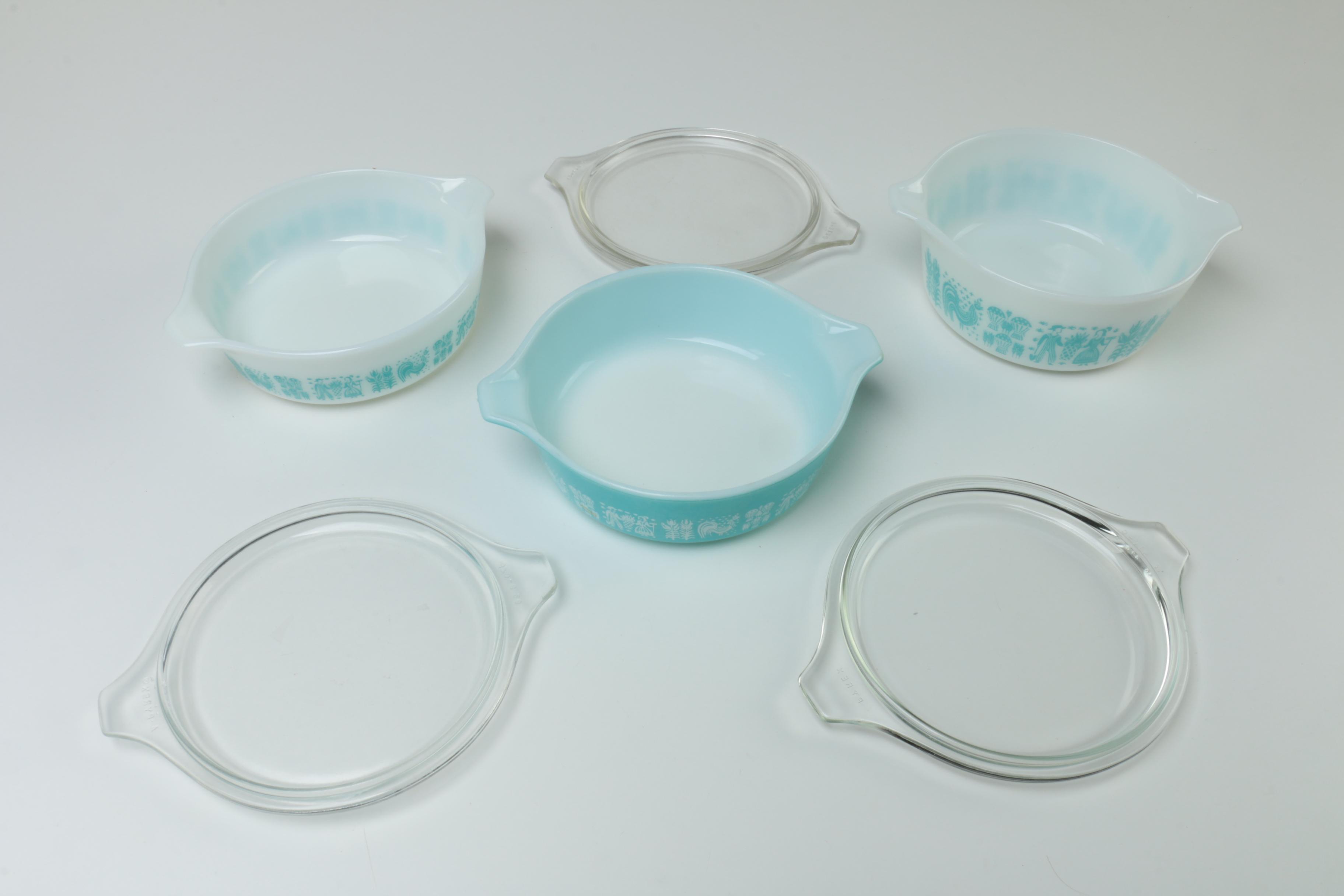 Vintage Pyrex "Butterprint" Turquoise Mixing Bowls and Casserole Dishes 1957-68