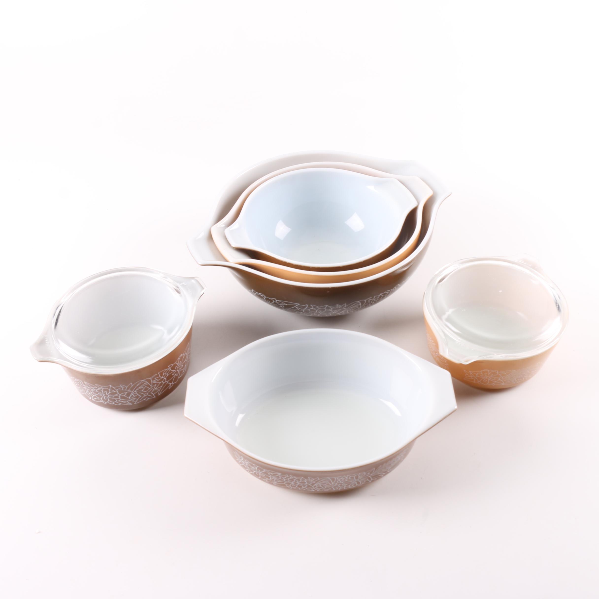 Vintage Pyrex "Woodland" Brown Mixing Bowls and Casserole Dishes 1978-83