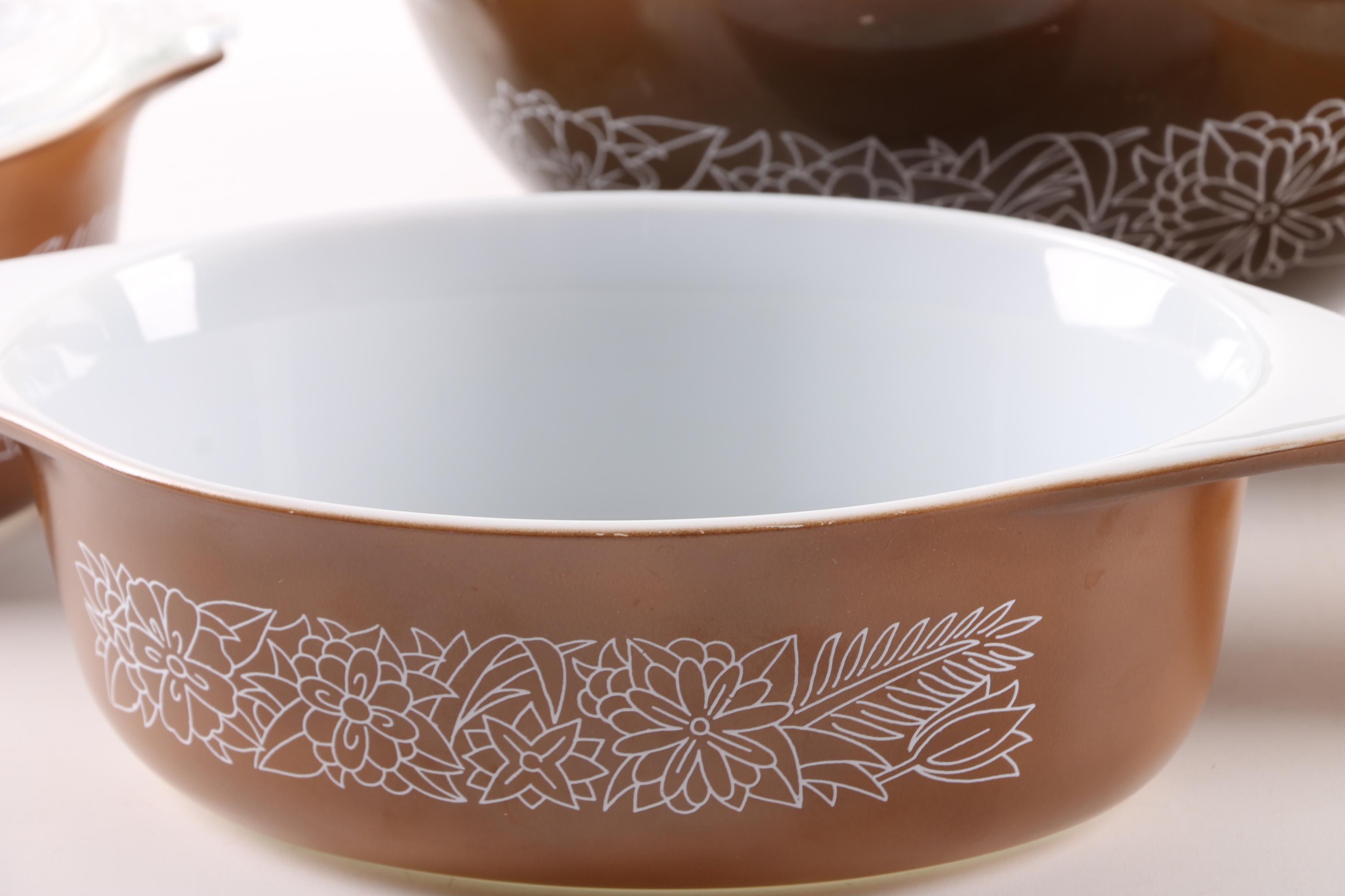 Vintage Pyrex "Woodland" Brown Mixing Bowls and Casserole Dishes 1978-83