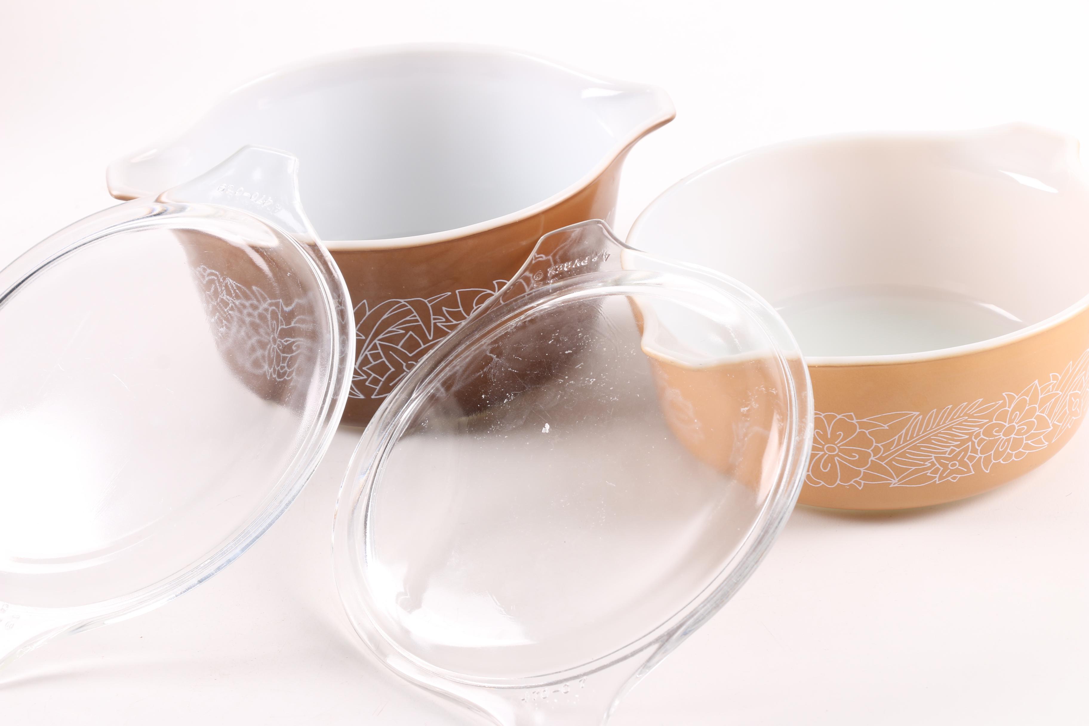 Vintage Pyrex "Woodland" Brown Mixing Bowls and Casserole Dishes 1978-83