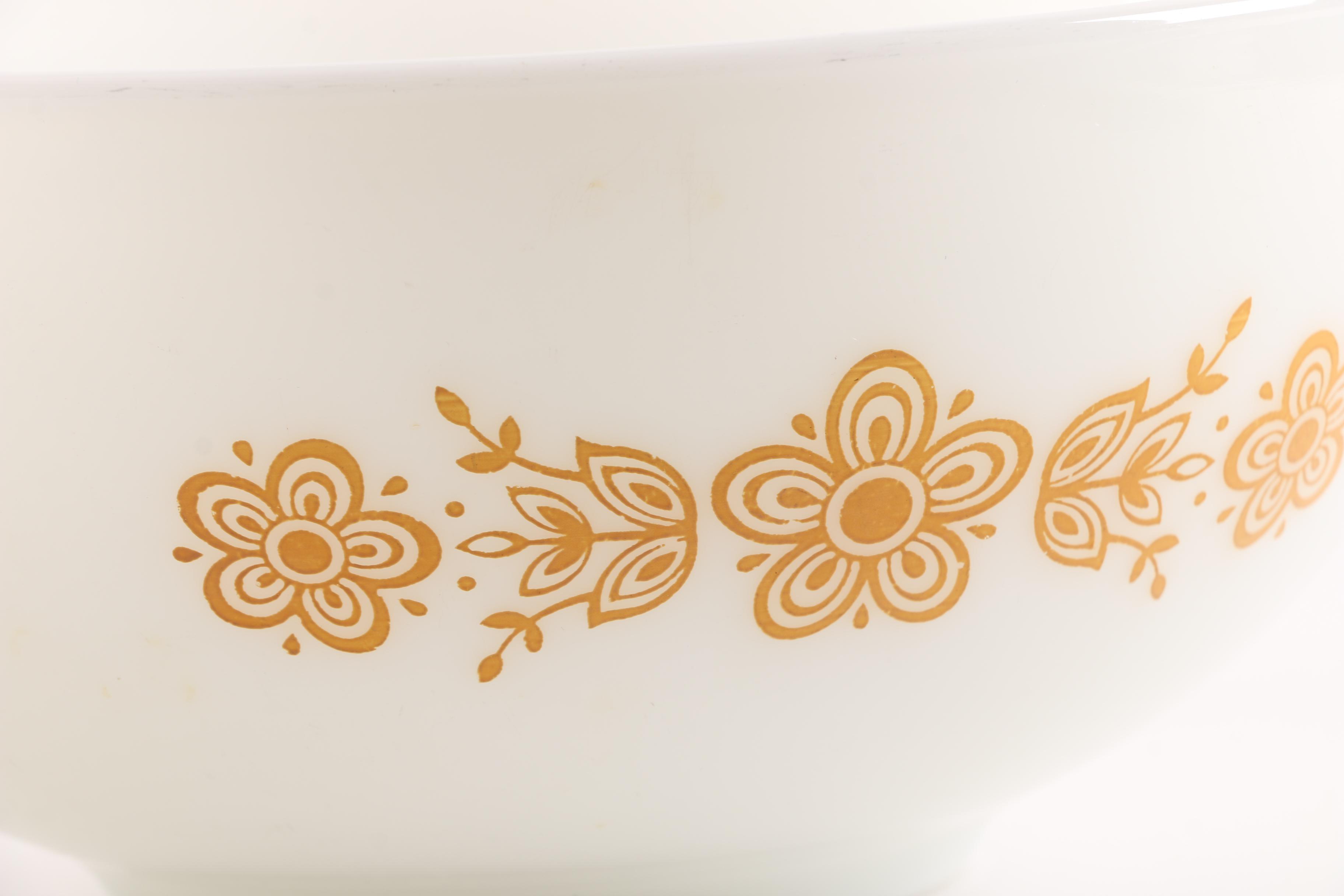 Vintage Pyrex "Butterfly Gold" Mixing Bowls, Butter Dish, Lid and Cup 1972-81