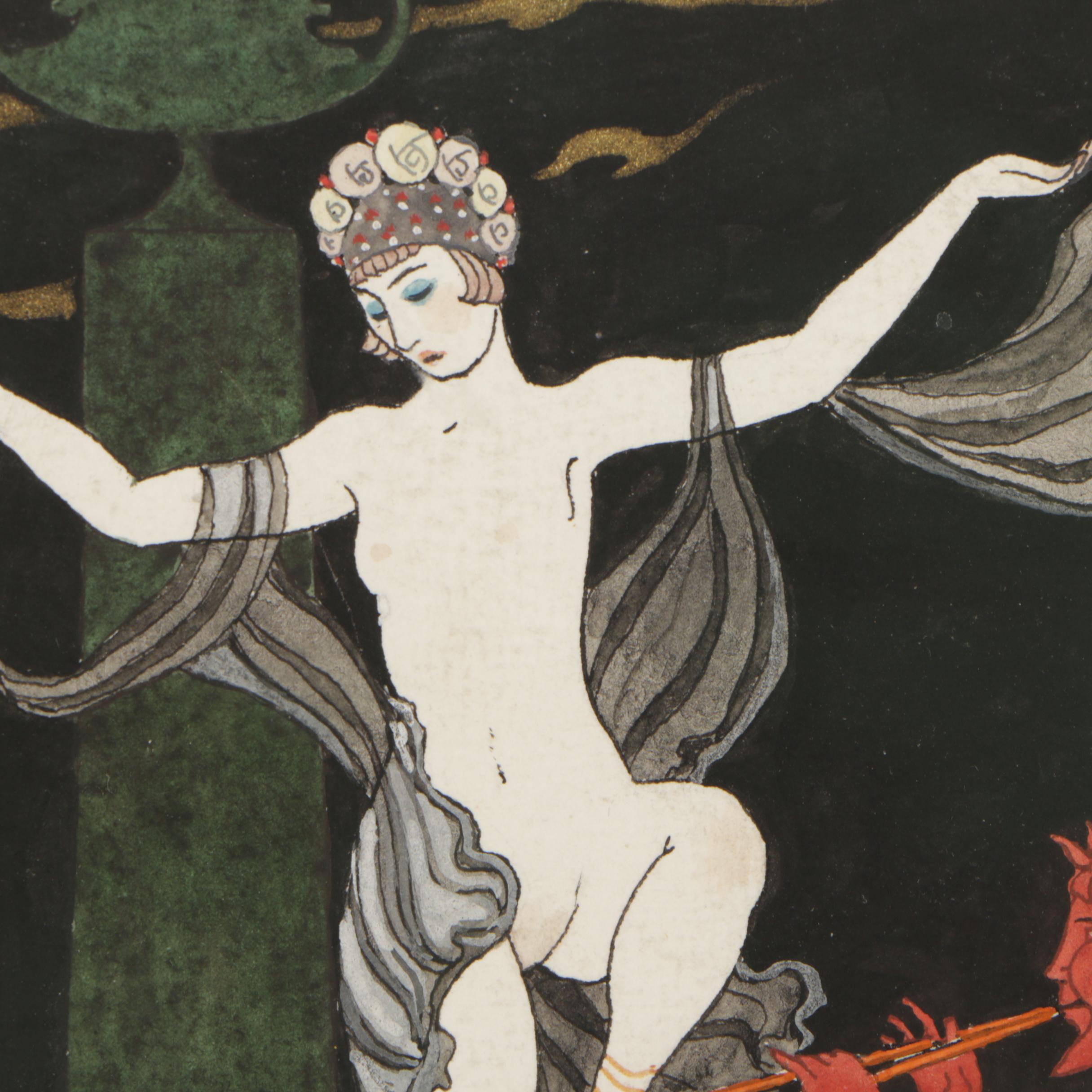 Art Deco-Style Gouache Painting in the Manner of George Barbier