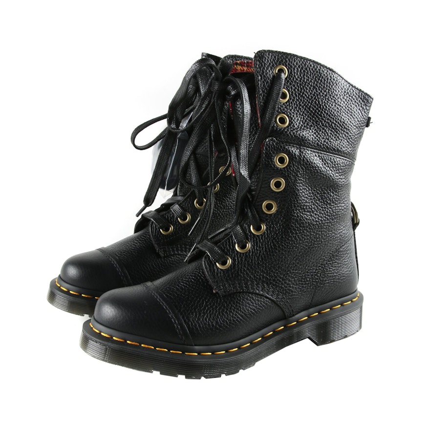 Dr. Marten's Black Grained Leather Boots with Plaid Interior Accents