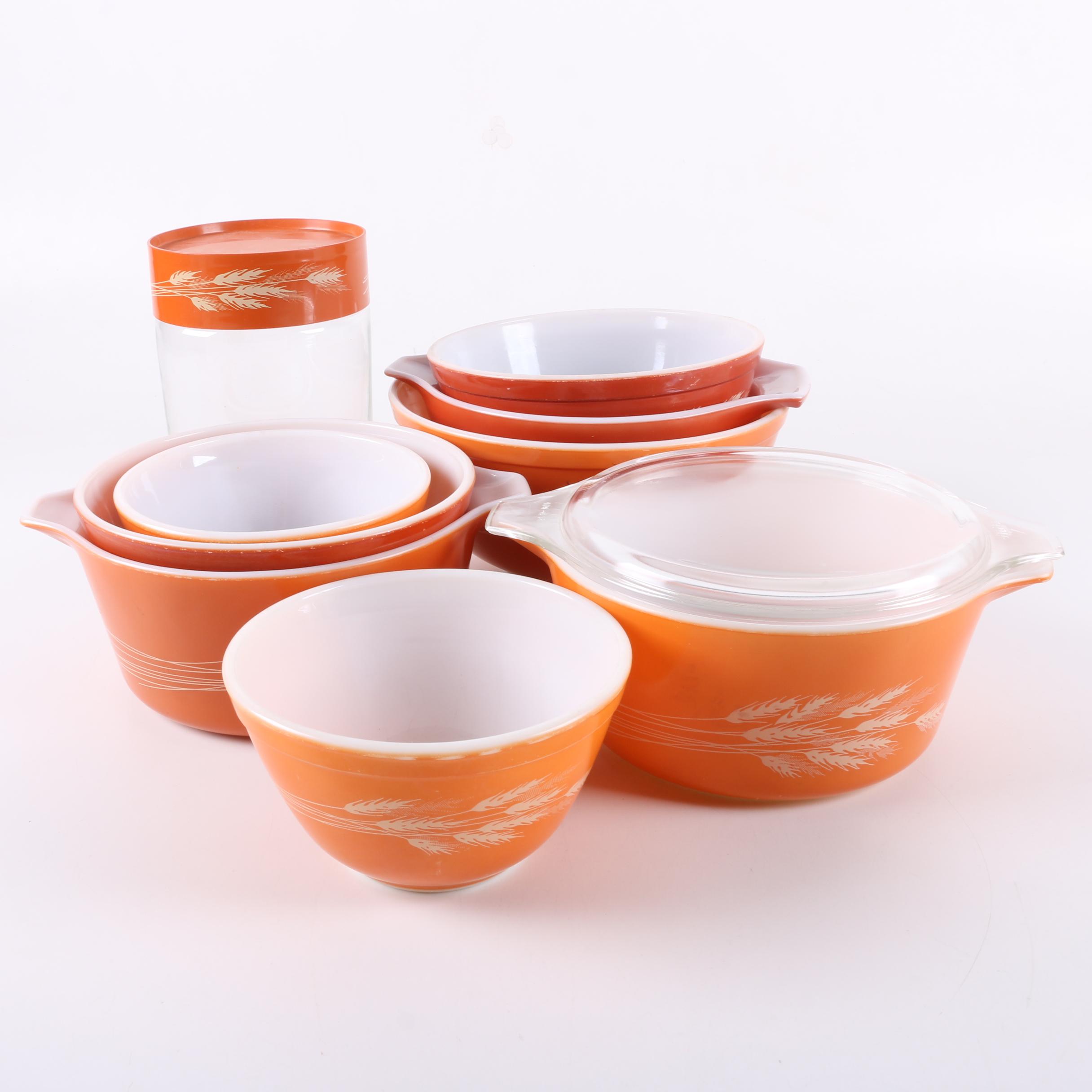 Vintage Pyrex "Autumn Harvest" Baking Dishes, Mixing Bowls and Canister 1979-86