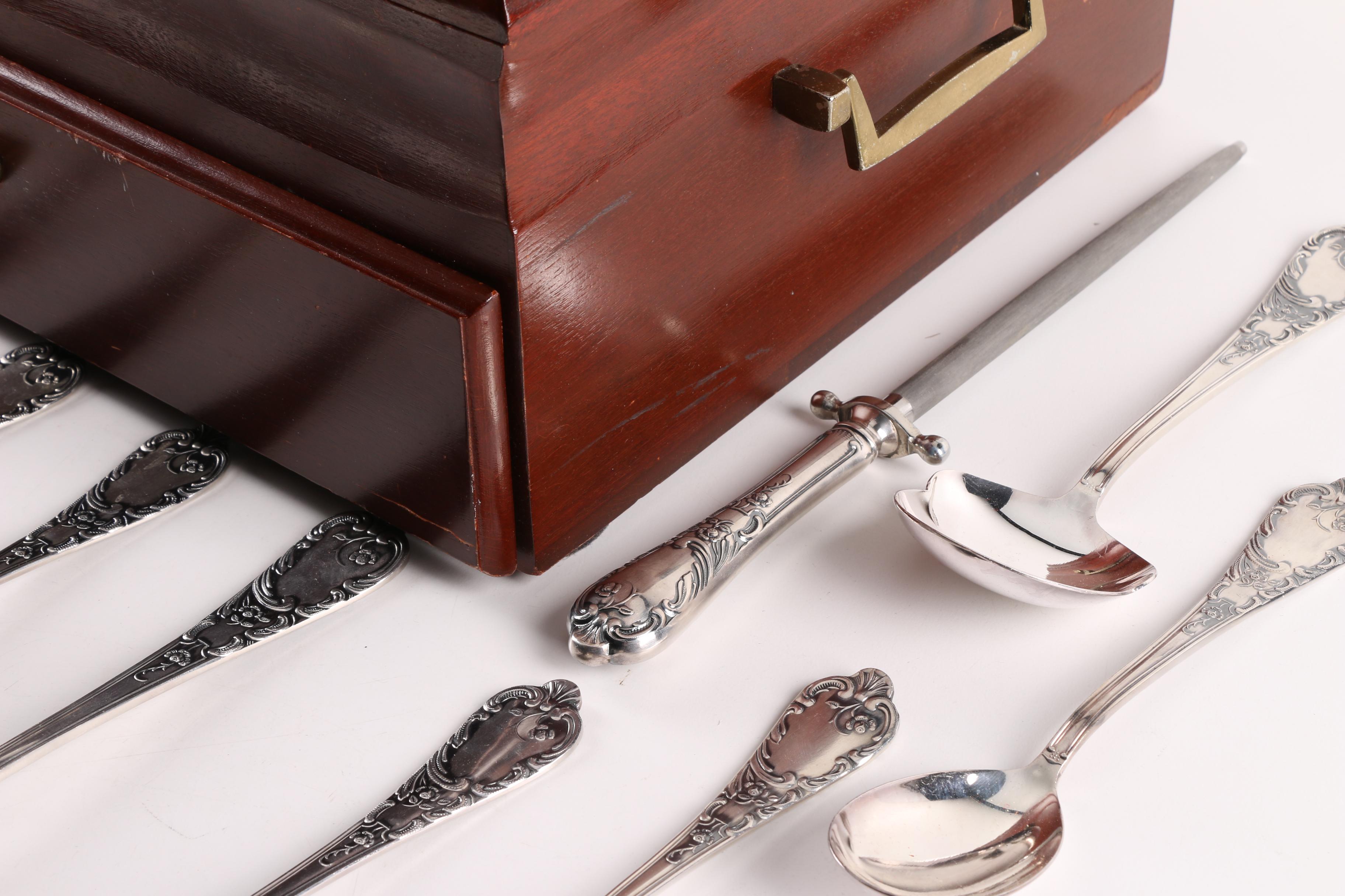 Scroll Handled Silver Plate Flatware and Chest