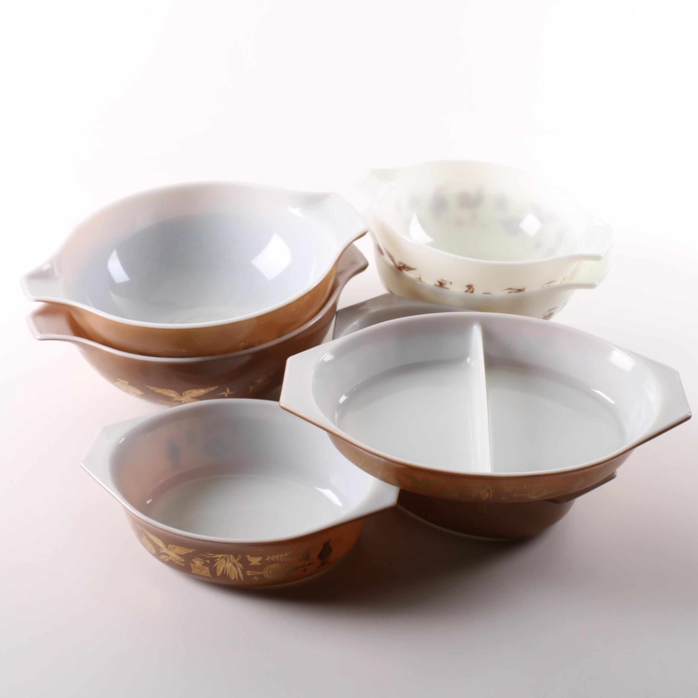 Vintage Pyrex "Early American" Brown Mixing Bowls and Casserole Dishes 1962-71