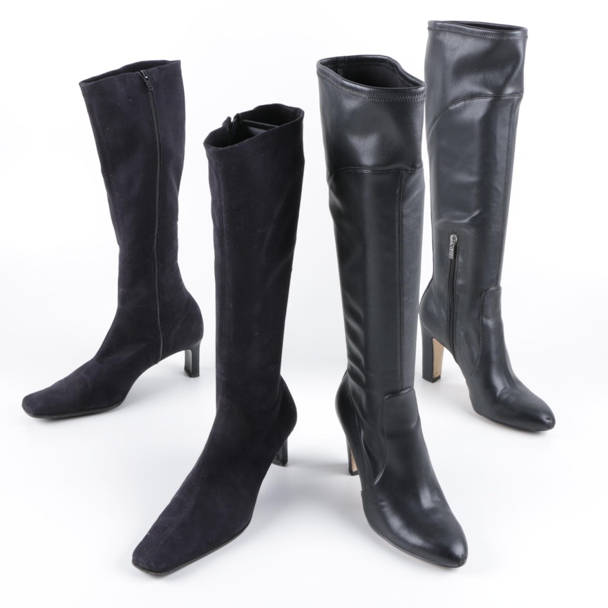 Women's Black Faux Leather and Suede High Heel Boots