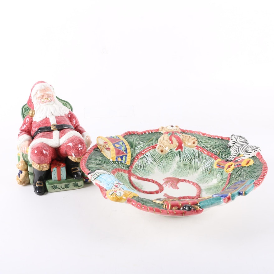 Fitz and Floyd "Old Fashioned Christmas" Ceramic Santa Cookie Jar and Tray