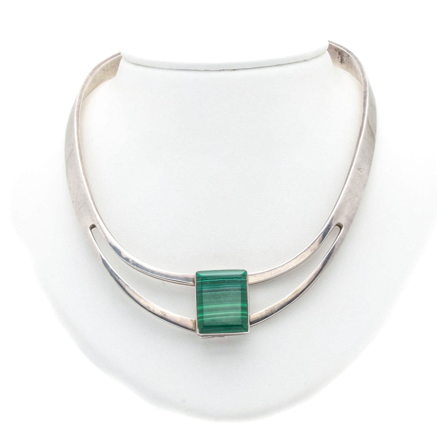 Mexican Sterling Silver and Malachite Collar Necklace