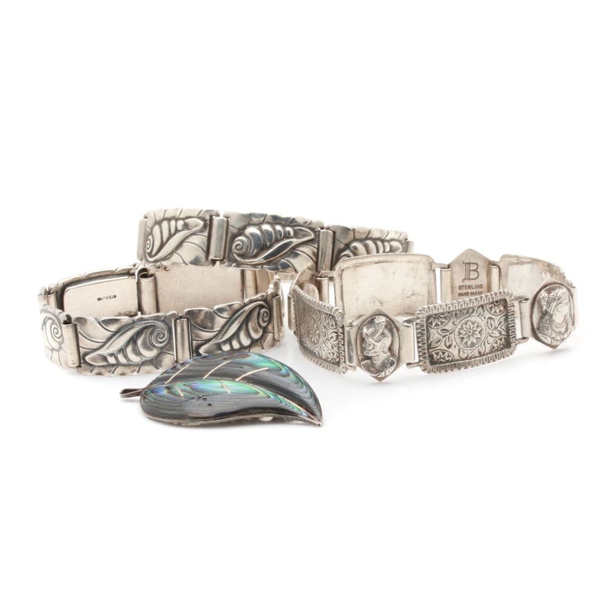 Sterling Silver Bracelets and Brooch with Abalone