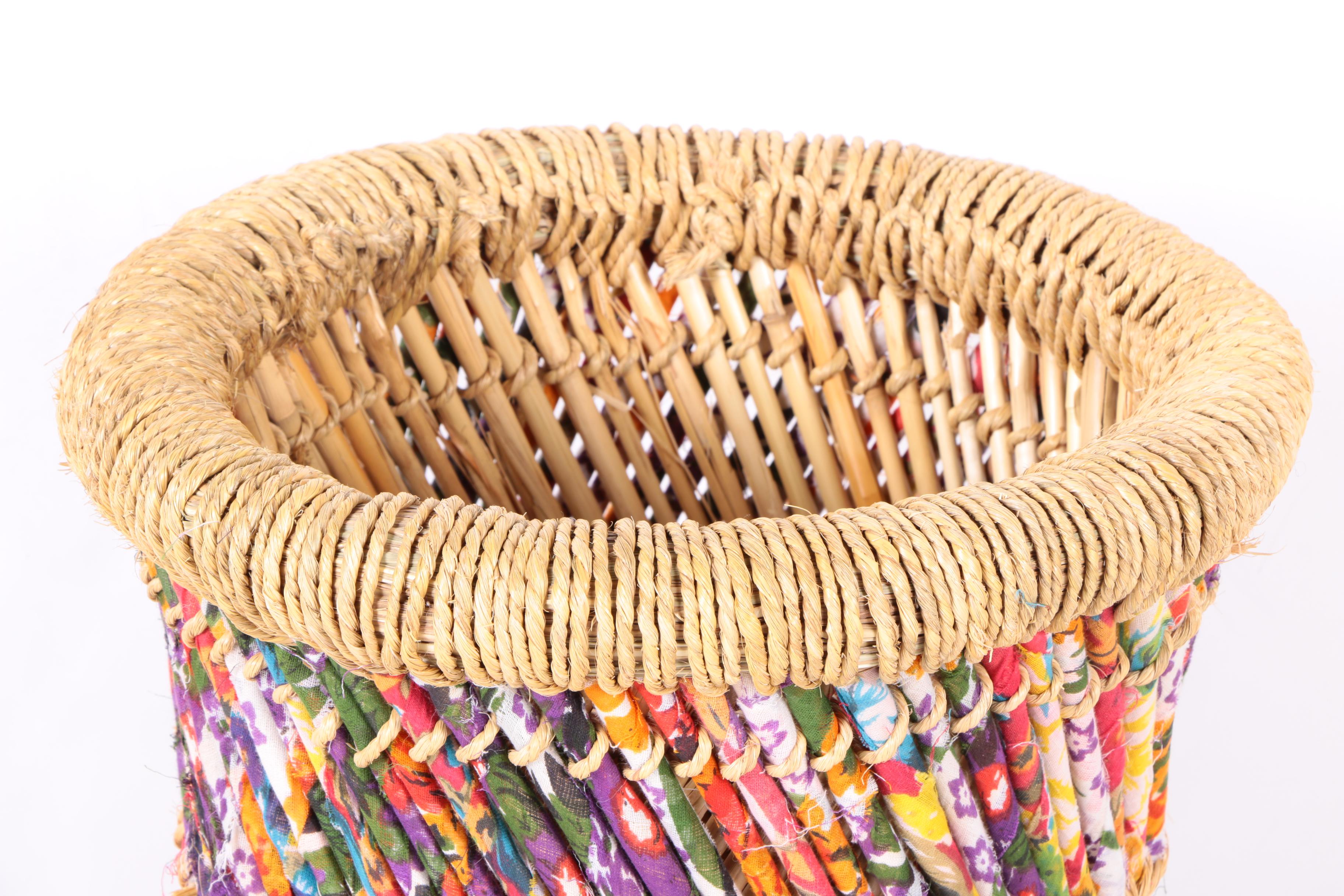 Colorful Bamboo and Rolled Fabric Basket