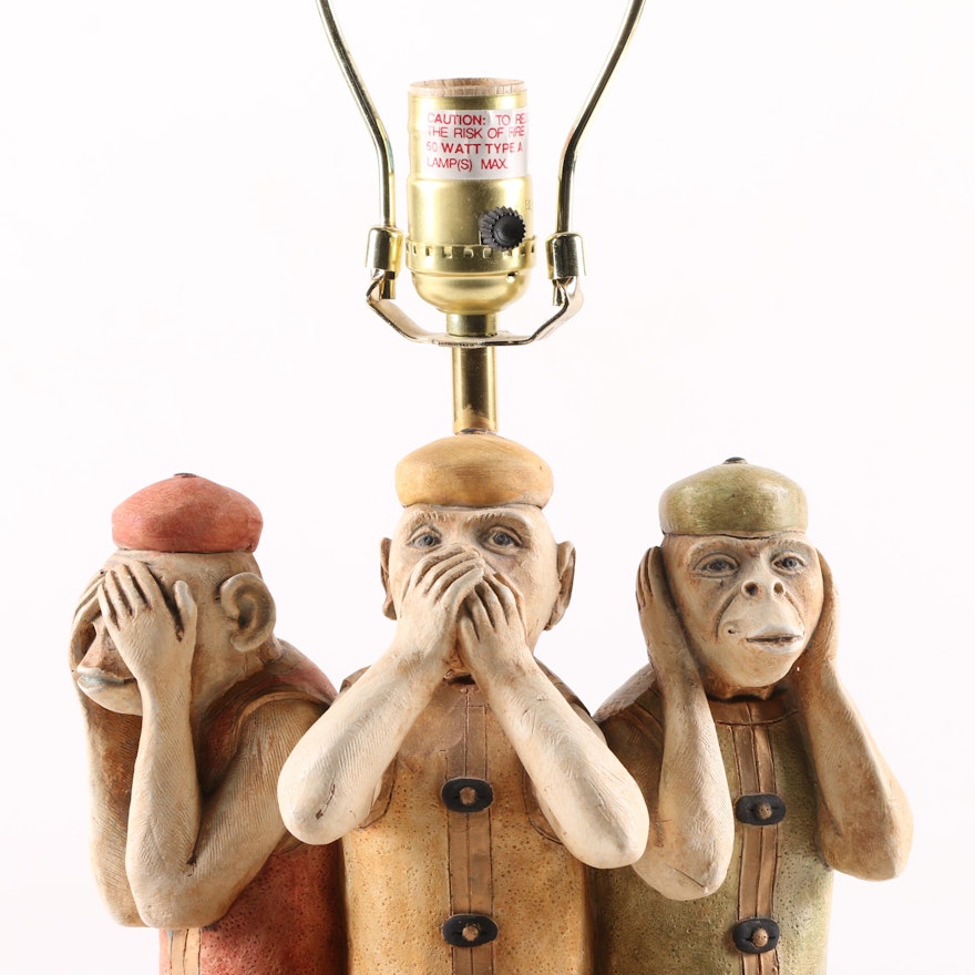 Small Indulgence Ceramic "Three Wise Monkeys" Lamp