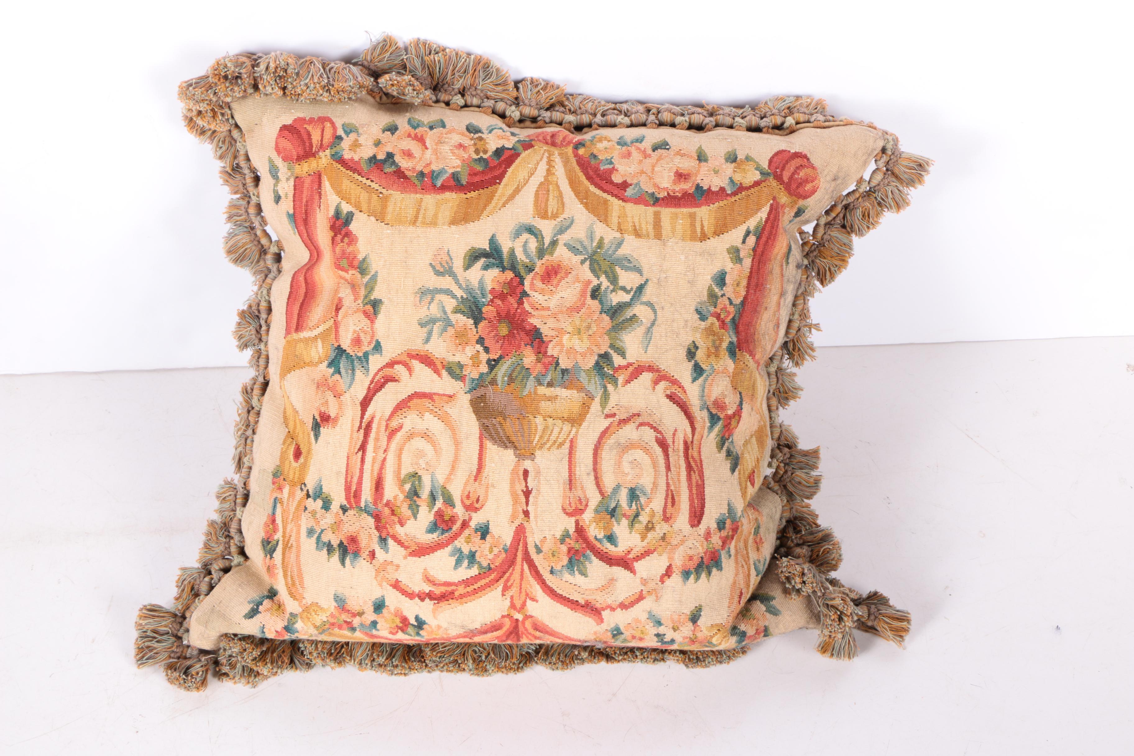 Floral and Parrot Motif Needlepoint Pillows with Fringe