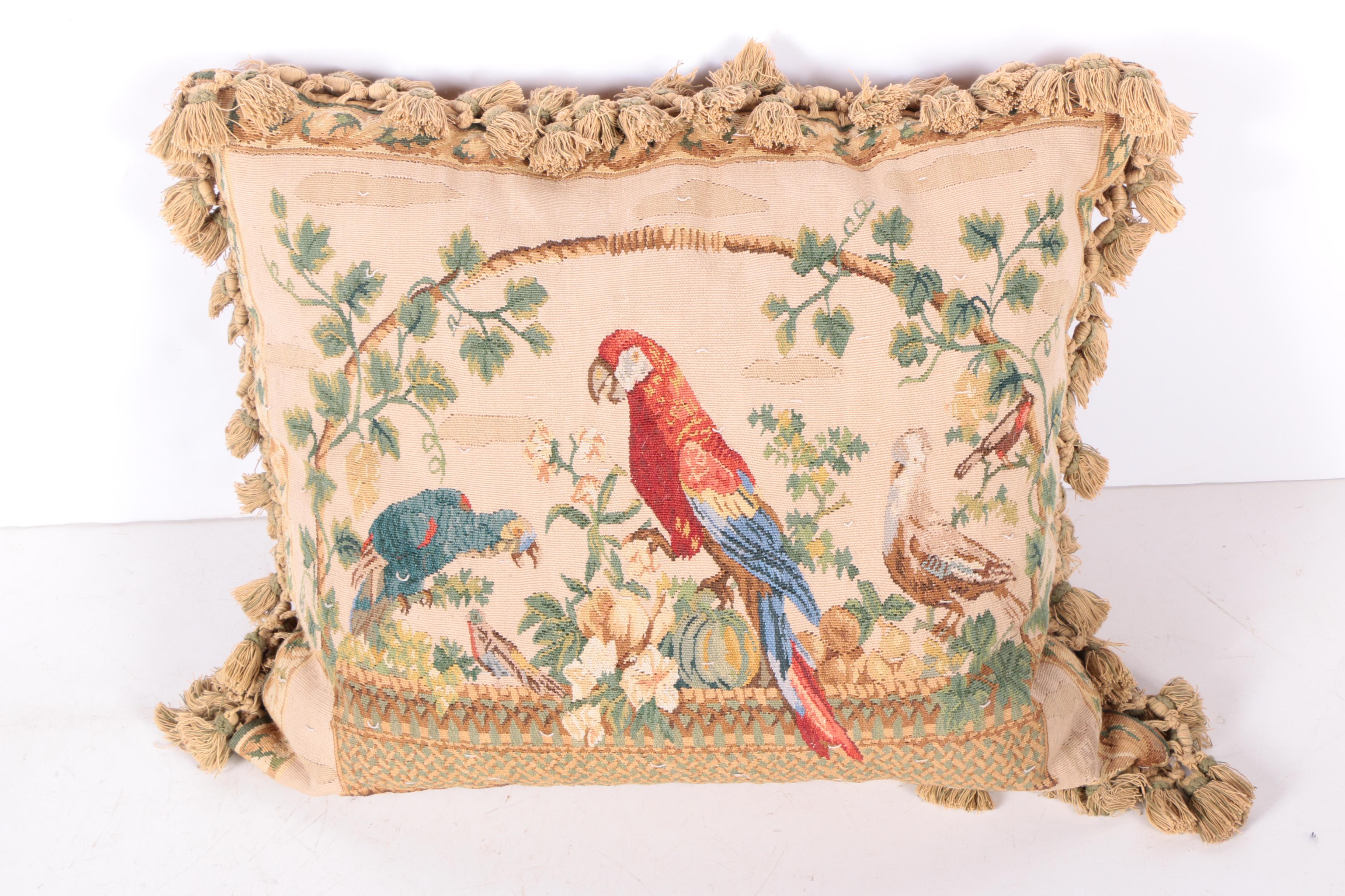 Floral and Parrot Motif Needlepoint Pillows with Fringe