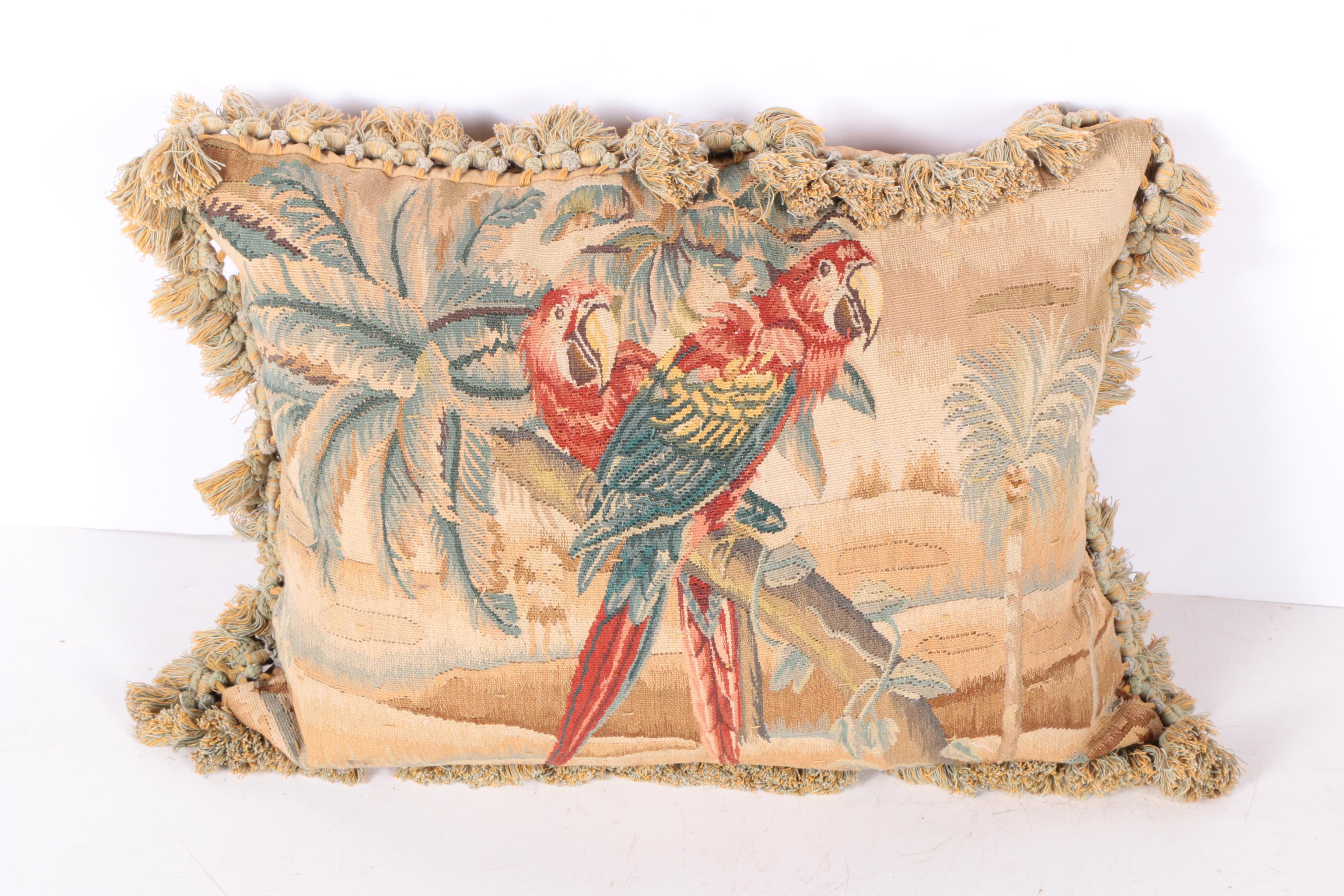 Floral and Parrot Motif Needlepoint Pillows with Fringe