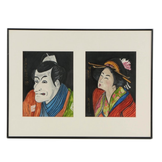 Harry Kabel Gouache Paintings "Kabuki" and "Geisha"
