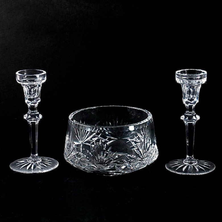 Rogaska Crystal Candleholders and a Bowl