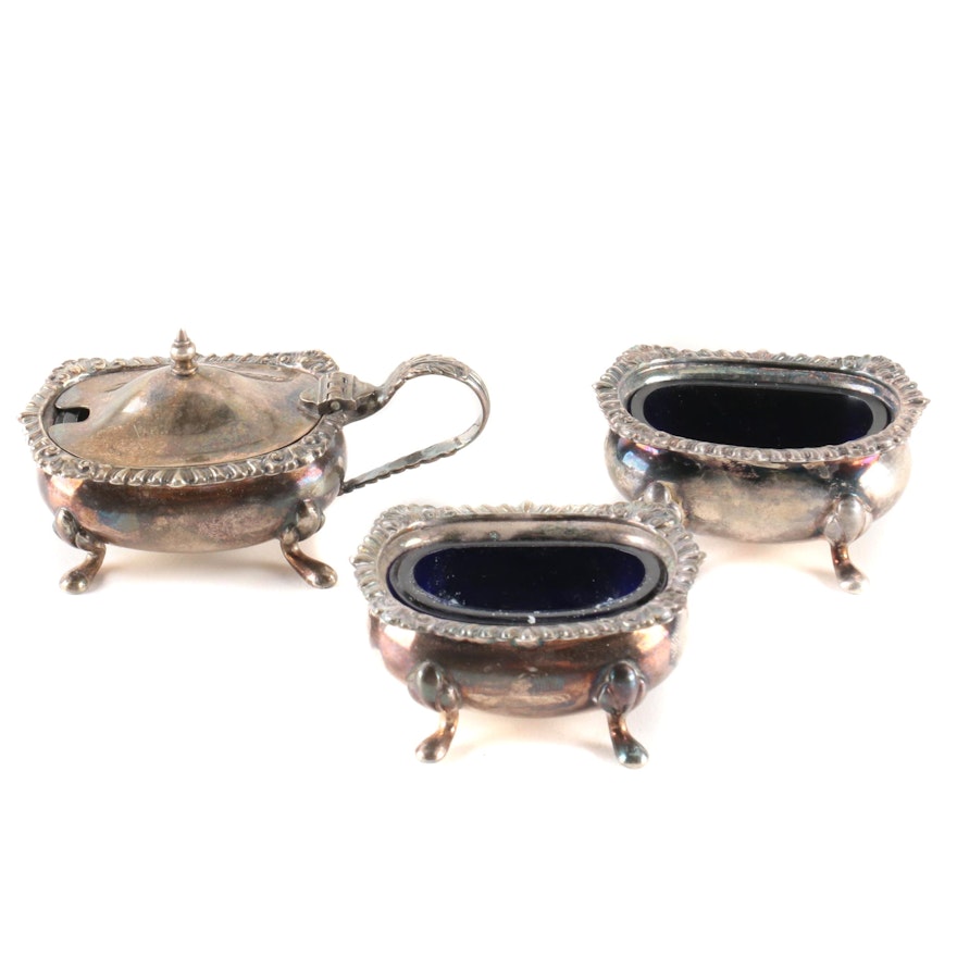 English Silver Plate Salt Cellars, Mustard Pot and Cobalt Blue Inserts