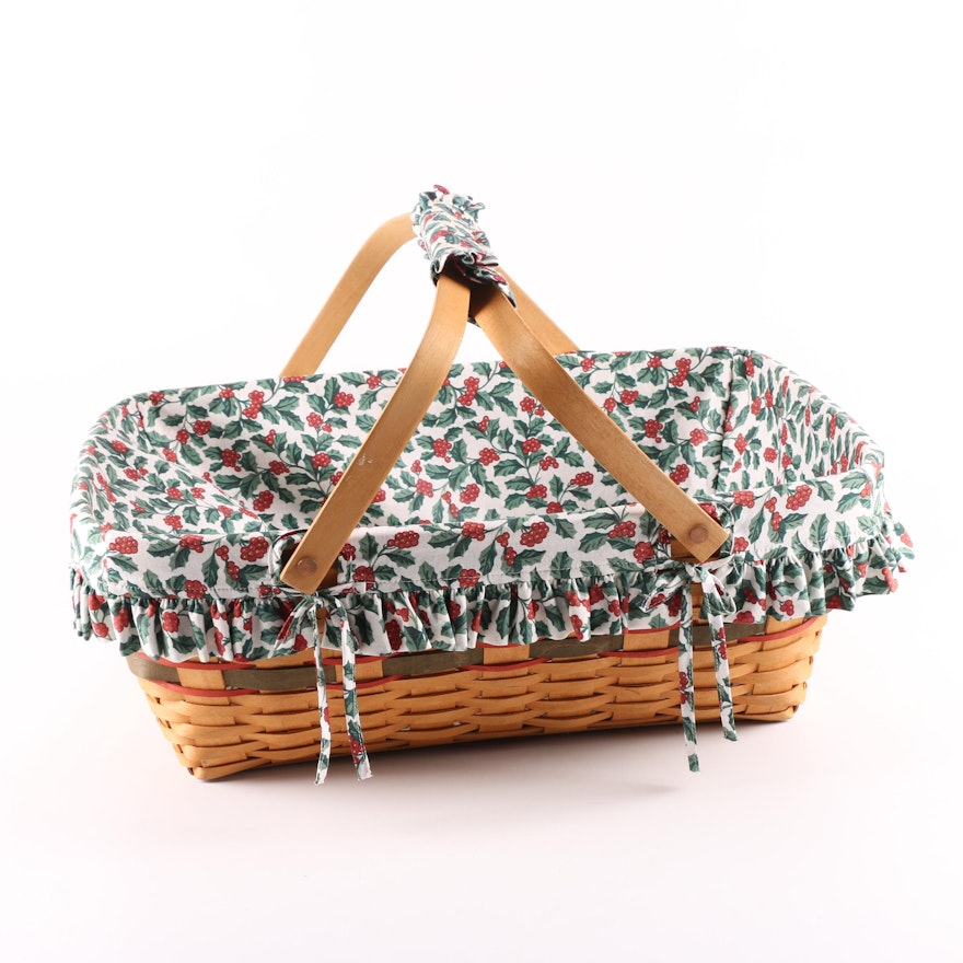 1996 Handwoven Christmas Longaberger Basket with Holly Motif Fabric Liner