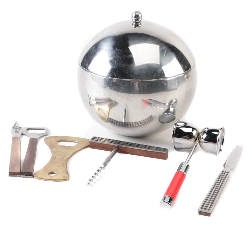 Spherical Metal Ice Bucket and Other Bar Tools