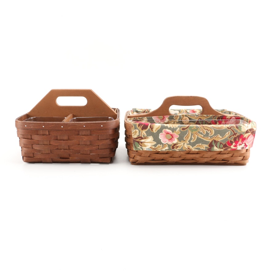 Two Handwoven Sectioned Handled Longaberger Baskets with Liners