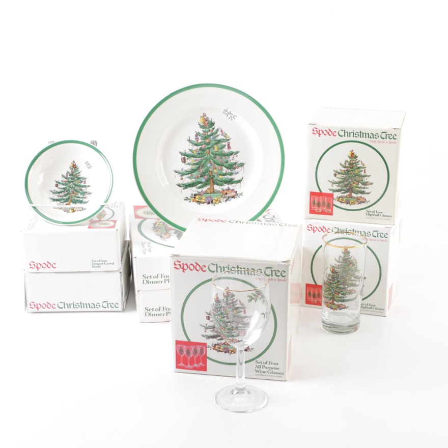 Spode "Christmas Tree" Holiday Tableware Including Wine Glasses