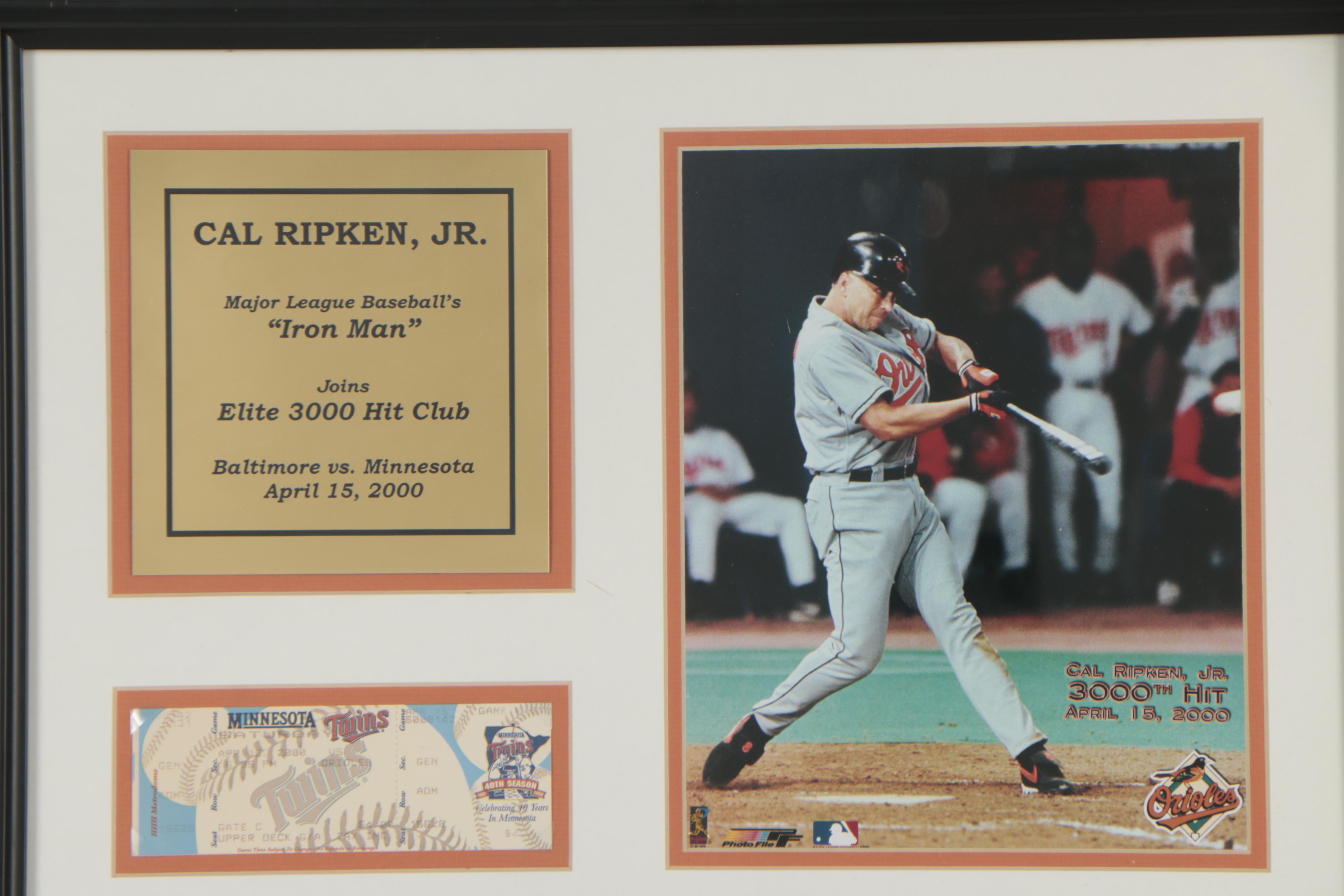 Cal Ripken Jr. "Elite 3000 Hit Club" Photograph and Ticket In Frame