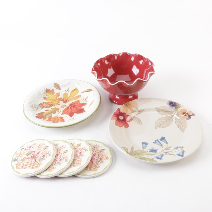 Longaberger Pottery Patterned Plates, Red Ruffle Bowl and Coasters